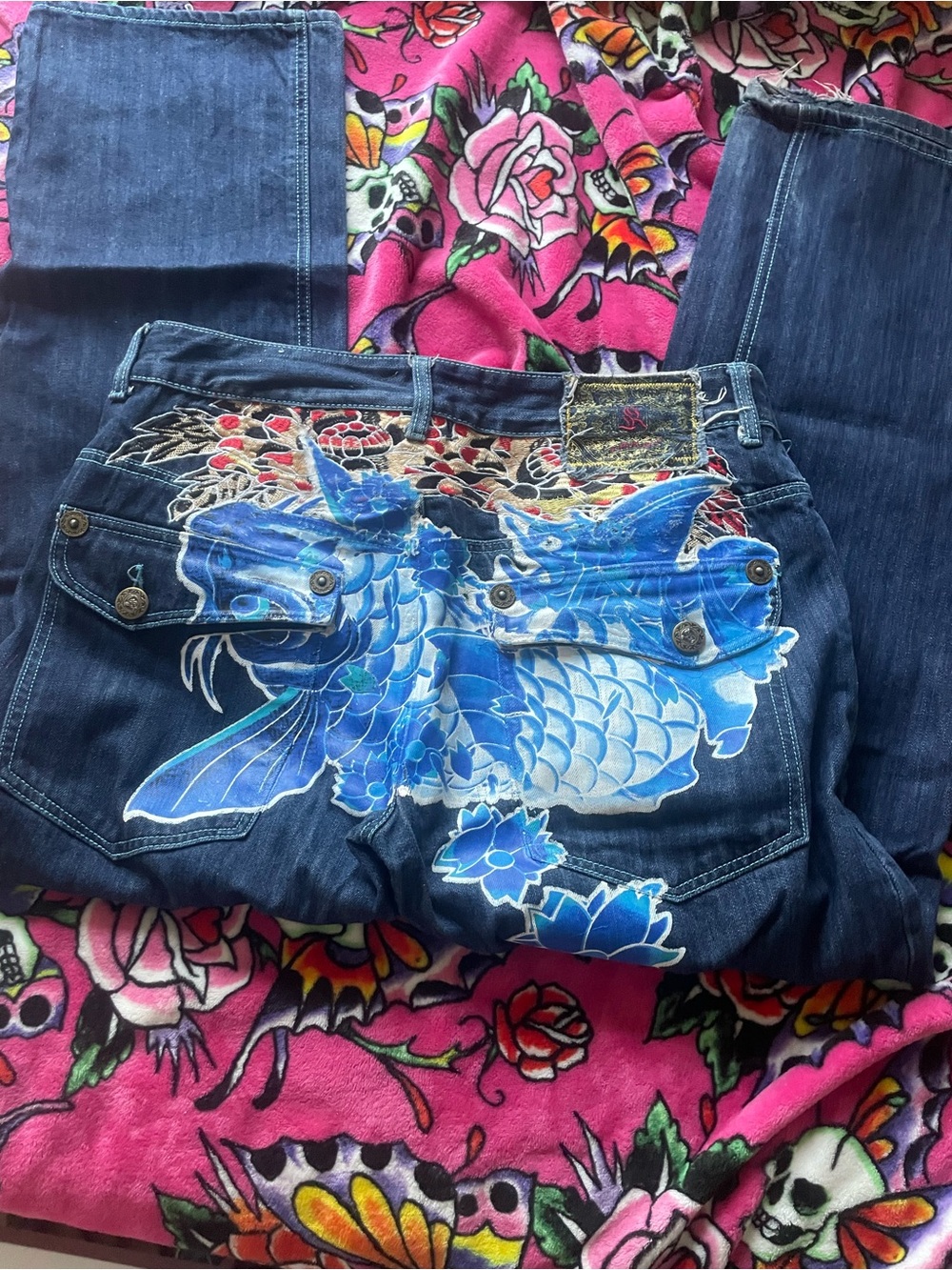 Men's Dark Blue Embroidered Koi Jeans